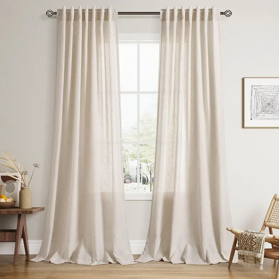 Beige Linen Curtains 50 x 90 inches Long Living Room Back Tab Rod Pocket Semi Sheer Curtain Boho Modern Privacy Light Filtering