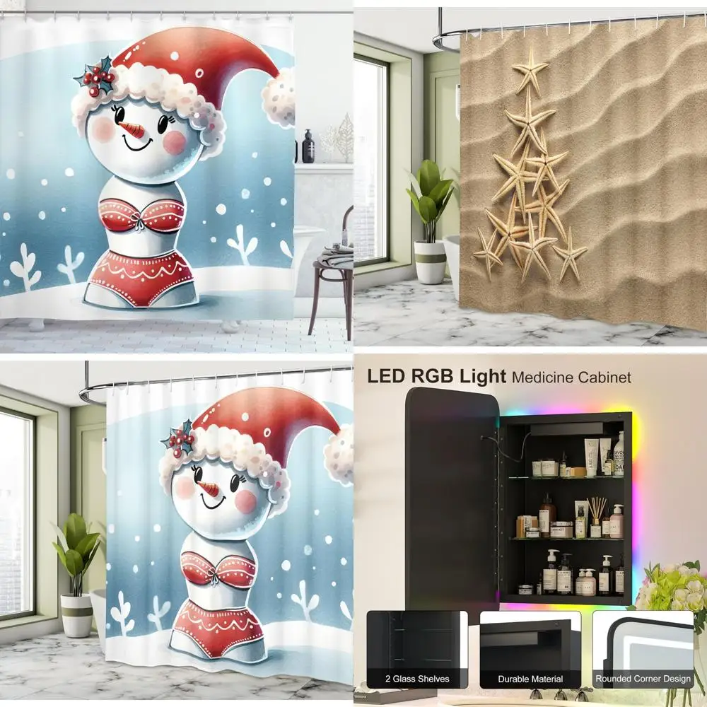 

Занавеска для душа со снеговиком и Сантой, винтажный мультяшный дизайн, тканевое украшение для ванной комнаты
