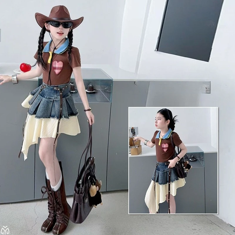 Teen Girls 2026 Summer New Style Patchwork Short-sleeved Heart-shaped T Shirt+Irregular Denim Skirt Child Dance Suit Street Wear