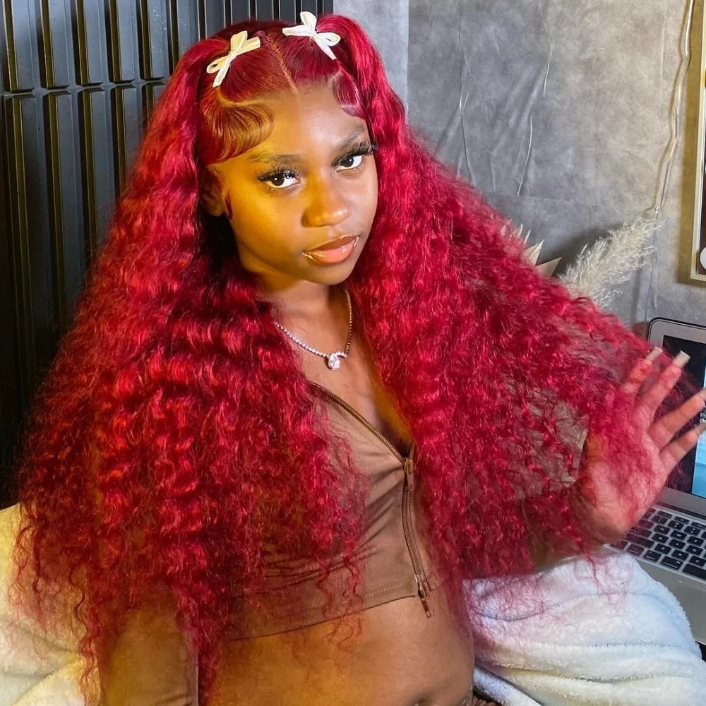

YKB 99J Burgundy 30 Inch Curly Wigs 14x4 HD Lace Frontal Human Hair Wig Deep Wave Preplucked Water Wave Red Colorled For Women