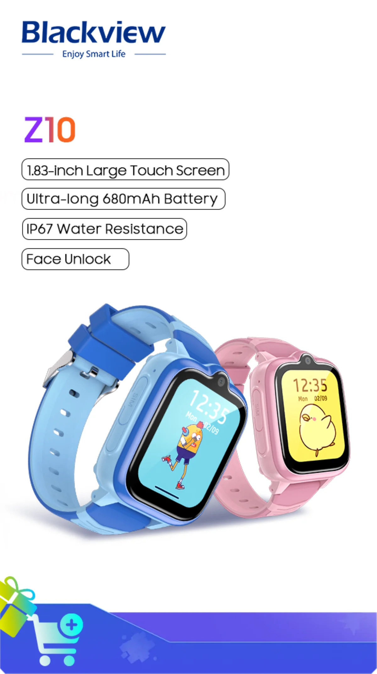 Blackview-reloj Z10 para niños, 1G + 8G, pantalla IPS de 1,83 pulgadas, IP67, reconocimiento facial a prueba de agua, 680mAh, 4G, SIM, videollamada,