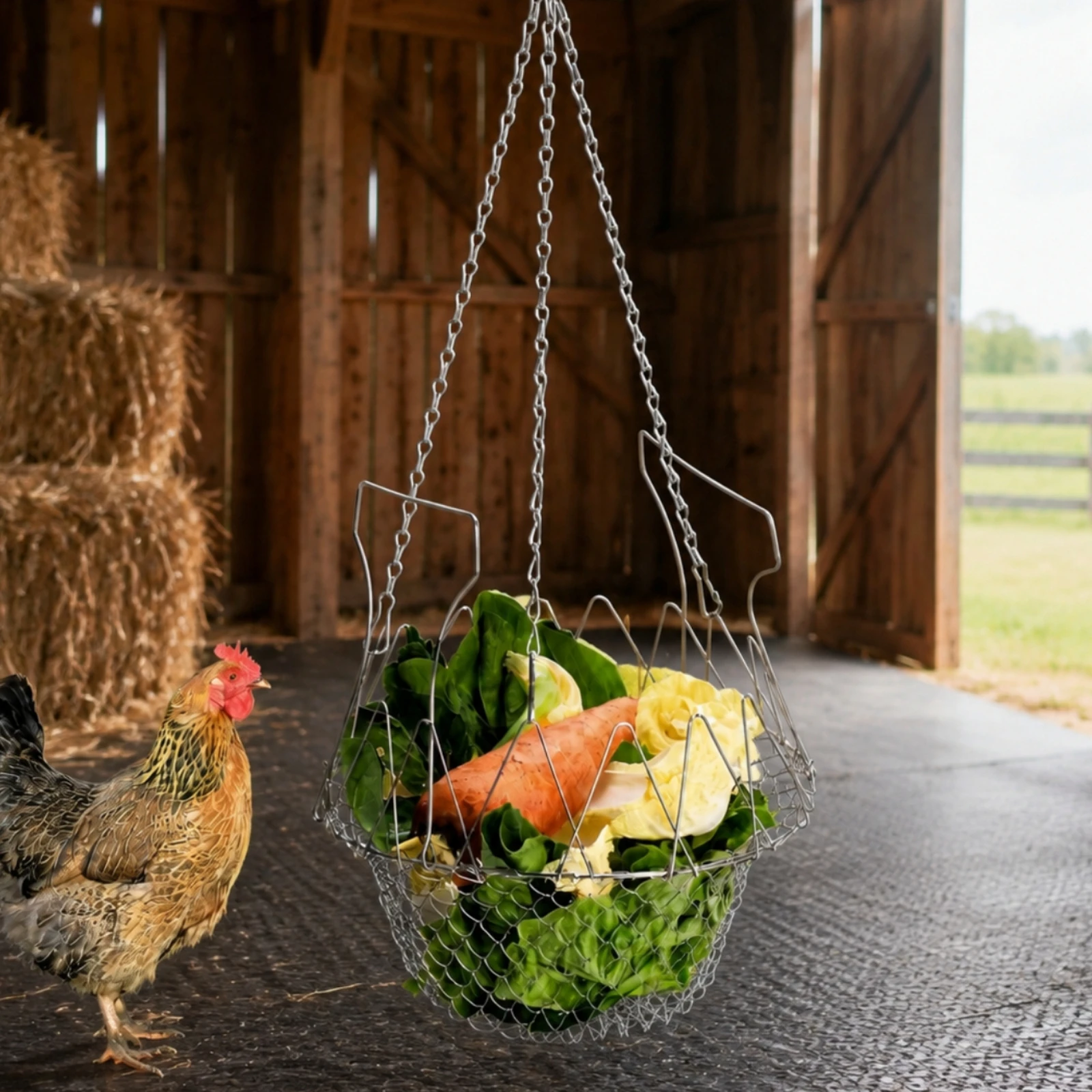 Hanging Chicken Feeder Stainless Steel Foldable Poultry Feeder with Hanging Chain Vegetable Treat Basket Multi-Purpose