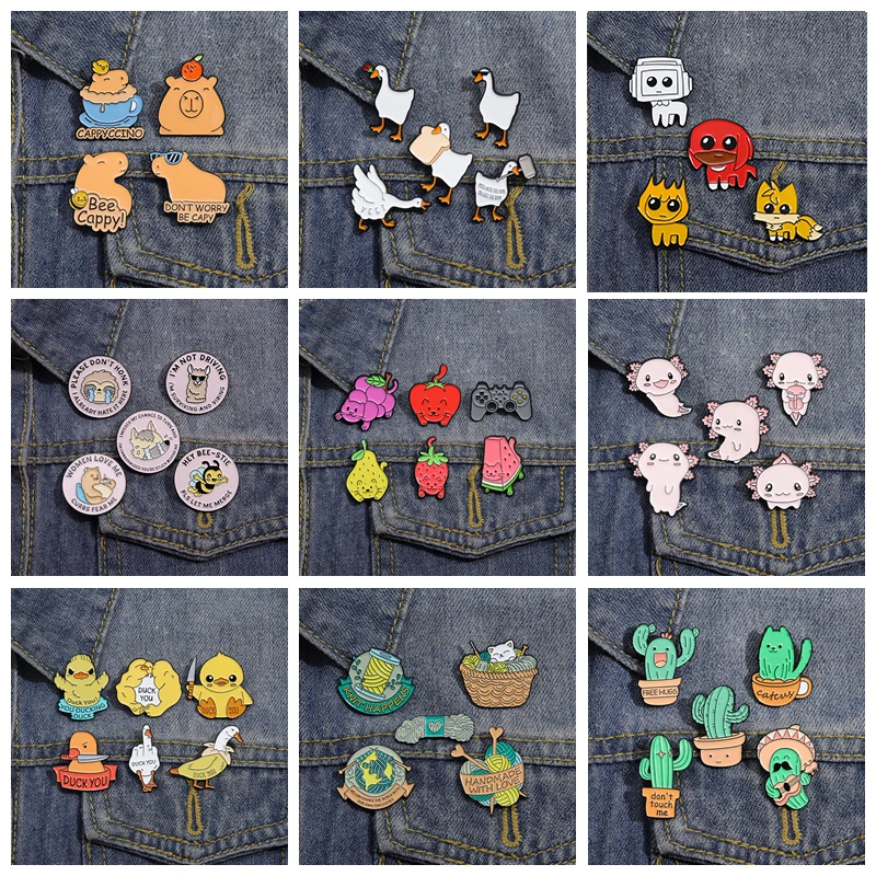 4-6Pcs/Set Animal Brooch For Women Men Cactus Salamander Capybara Enamel Pins Bag Lapel Cute Metal Badges Jewelry Gift Wholesale