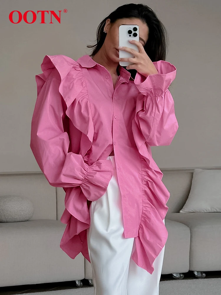 OOTN Fashion Pink Frilled Blouses And Tops Office Ladies Long Sleeve Ruffled Classic Lapel Shirts Summer Autumn 2024 Women Blue