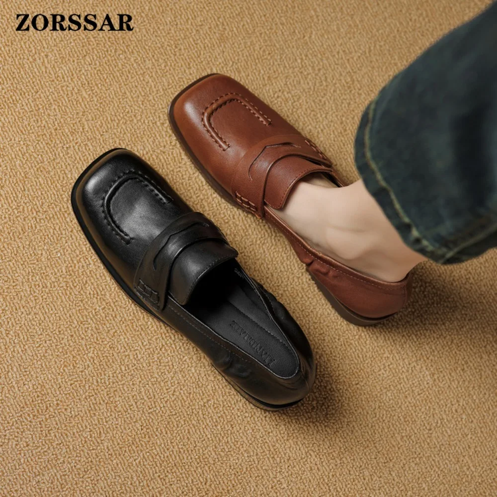 

2026 New Spring Autumn Women's Shoes Genuine Leather Square Toe Flat Leather Mid Mouth Casual Loafers Shoe Comfort Soft Fashion