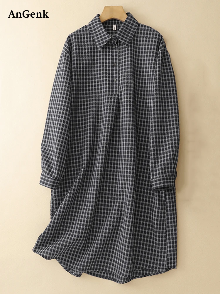 فساتين قميص منقوشة عتيقة من القطن للنساء فستان جديد فضفاض غير رسمي بأكمام طويلة ملابس أنيقة لربيع وخريف 2025