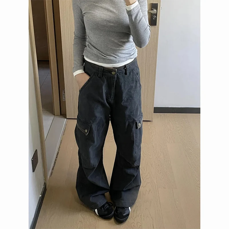 American Multiple Pockets Cargo Jeans Women Vintage Patchwork Design Gray Wide Leg Denim Pants Cool Punk Baggy Straight Trousers