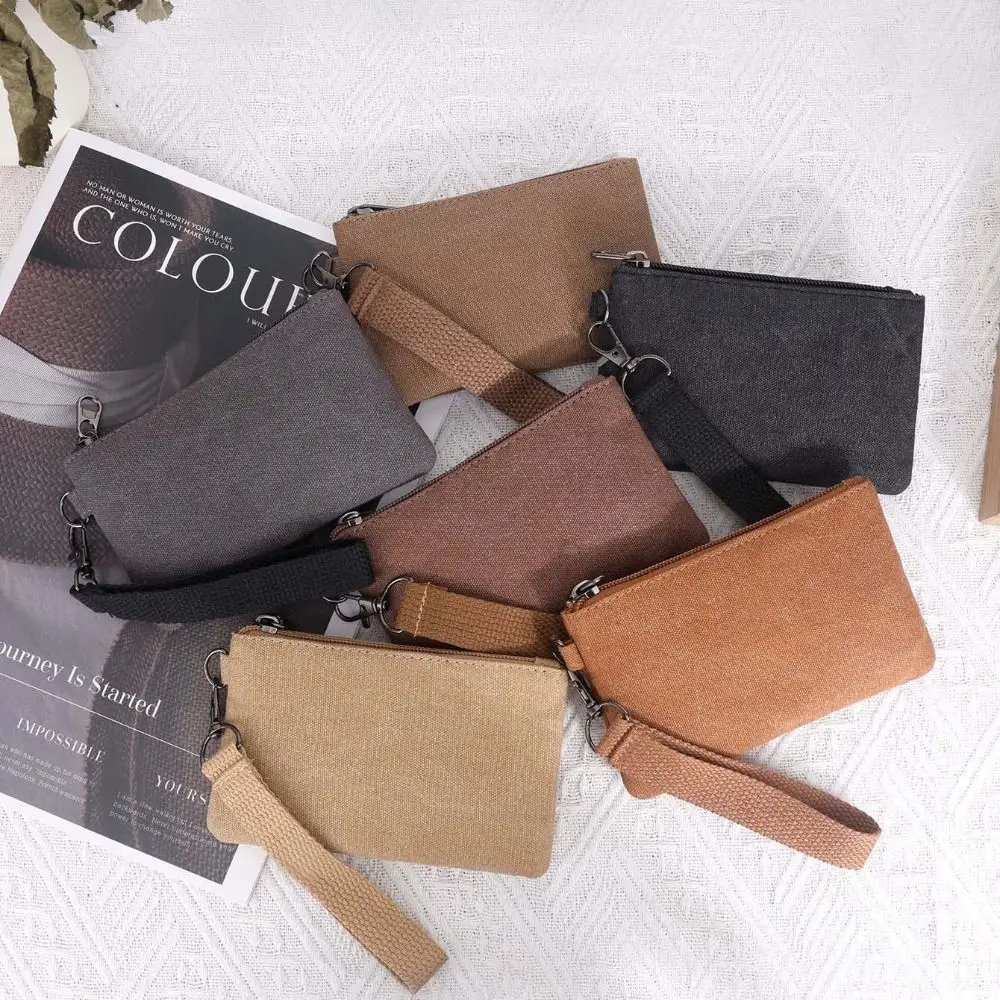 

Casual Korean Style Canvas Coin Purse Wrist Bag with Lanyard Small Item Bag Card Bag Solid Color Card Storage Bag Outdoor