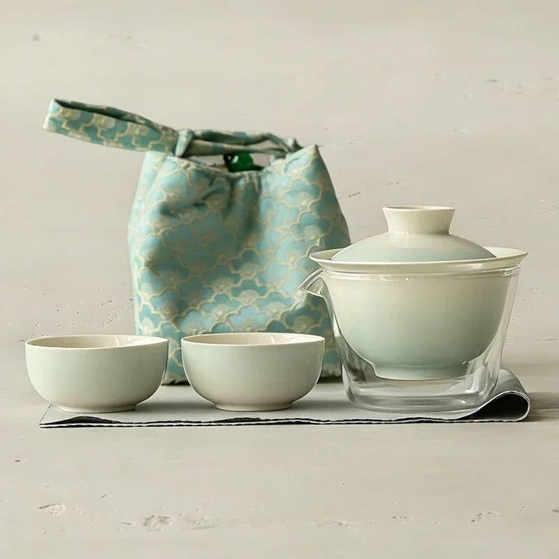 Gradient Quick Cup One Pot and Two Cups of Portable Camping Ceramic Travel Tea Set Outdoor Portable Covered Bowl and Tea Cup