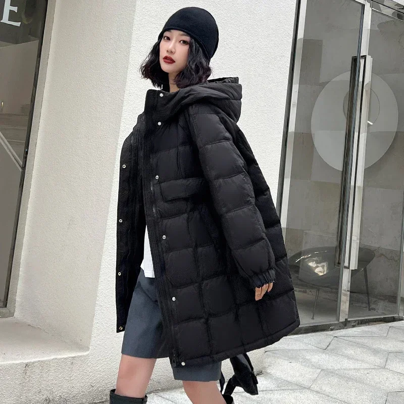 Schinteon Women White Duck Down Jacket with Hood Autumn Winter Warm Outwear Casual Over Size Plaid Coat Bag 2024 Korean Style