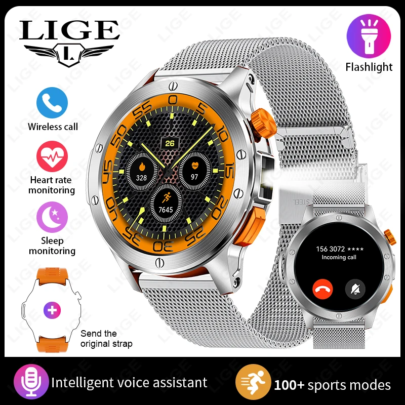 LIGE Fashion Smart Watch Men Voice Assistant Bluetooth Call Heart Rate Monitoring IP68 Waterproof LED Flashlight Men SmartWatch
