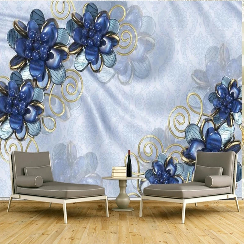 

Custom Wall Covering 3D Relief Blue Jeweled Flowers Wallpaper For 3D Living Room Bedroom Sofa Wall Home Decor Papel De Parede