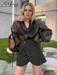 Black See Through Shirt Women Loose Lantern Sleeve Blouse Simple Transparent Tops Summer Long Mesh Shirts For Women Long Sleeve