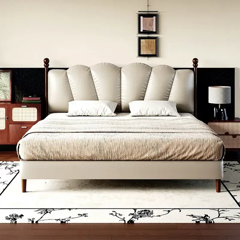 Queen Size Leather Sofa Bed Modern Smart Furniture Genuine Leather Soft Cushion Double Bed Base Wedding Home Living Room