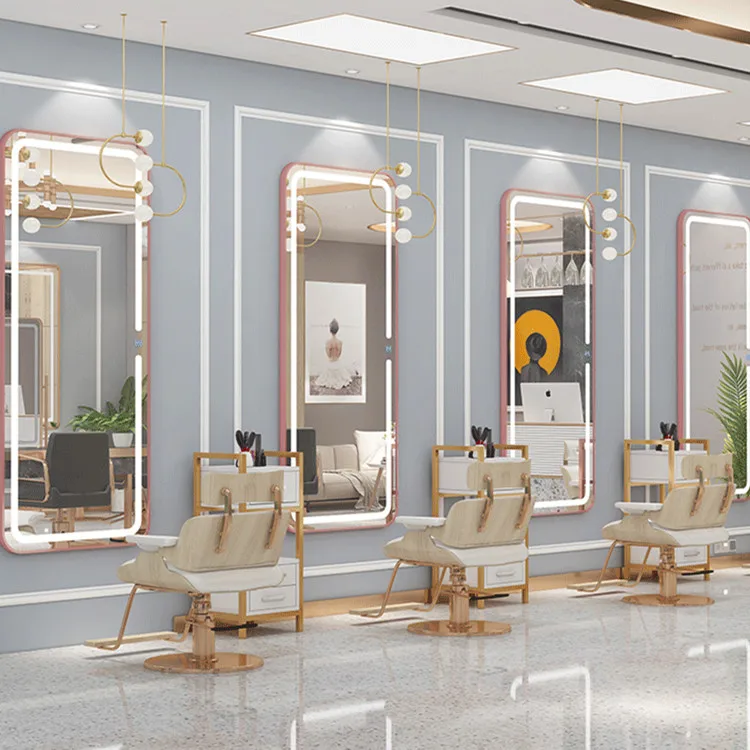 Alta qualidade barbeiro piso de cabelo vertical grande espelho led salão beleza espelho salão preto e ouro cabeleireiro móveis