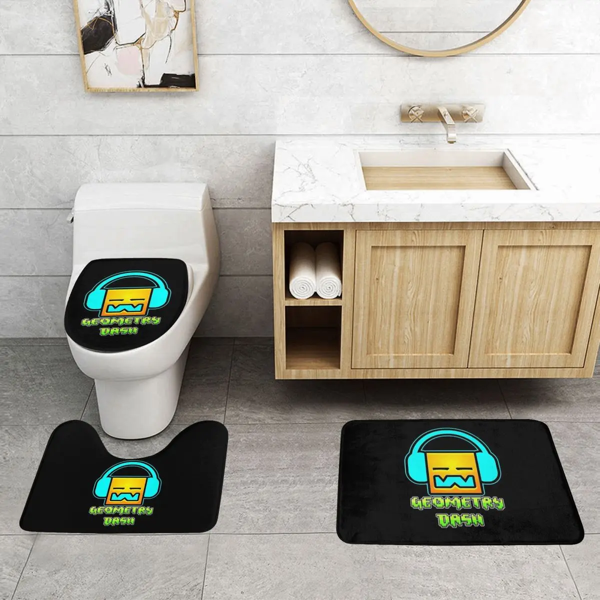 

Видеоигра Геометрия Dash 3-х предметный коврик для ванной Набор для ванной комнаты Крышка унитаза Домашний декор Нескользящий ковер Напольный коврик