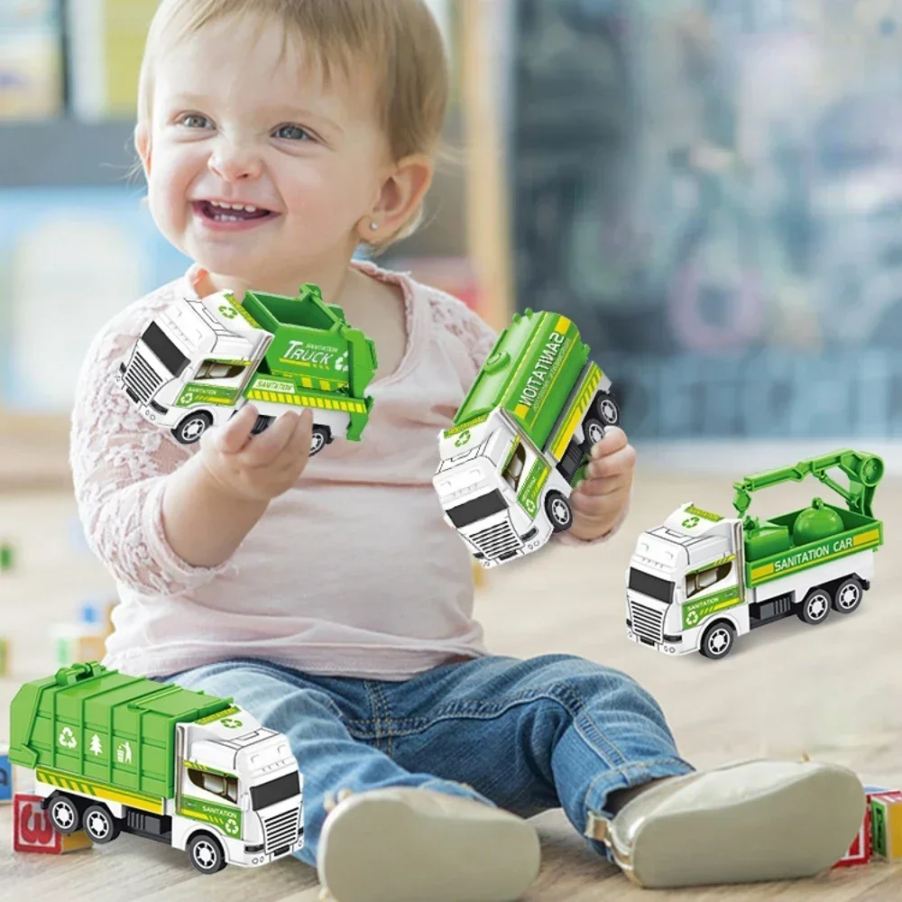 4Pcs Kids Car Inertia Sanitation Truck Models Pull Back Engineering Vehicle Boys Toys for Children Ideal Gifts for Kids