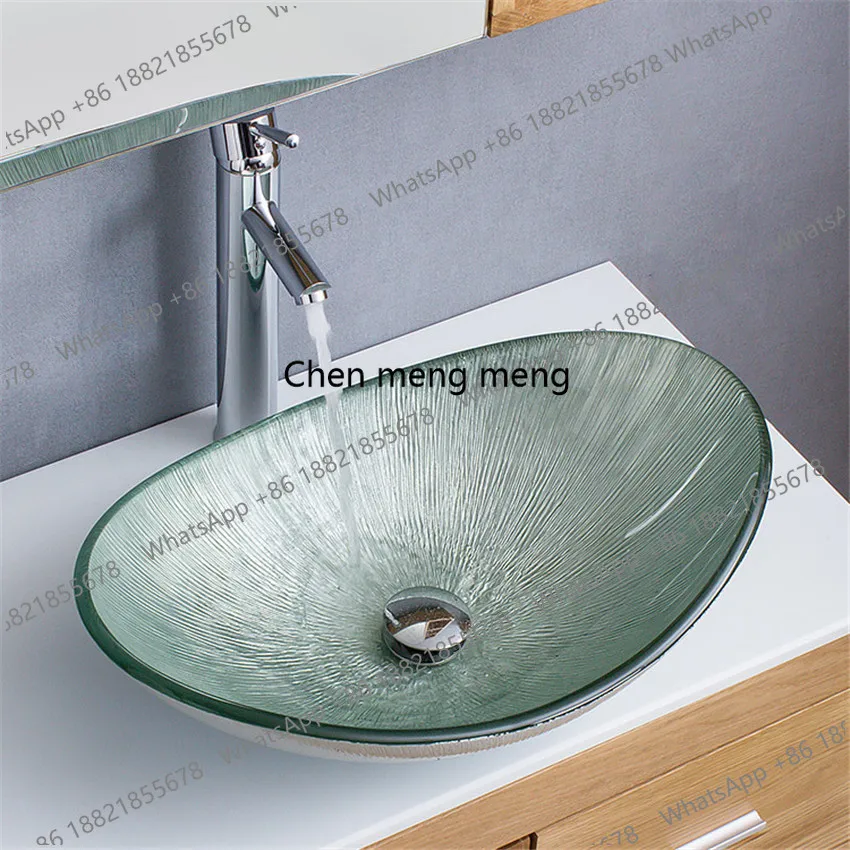 Oval Bathroom Basin Glass Sinks Countertop Vessel Washbasin Tempered Glass Line stripe Sink Chrome-plated Straight Faucet Set