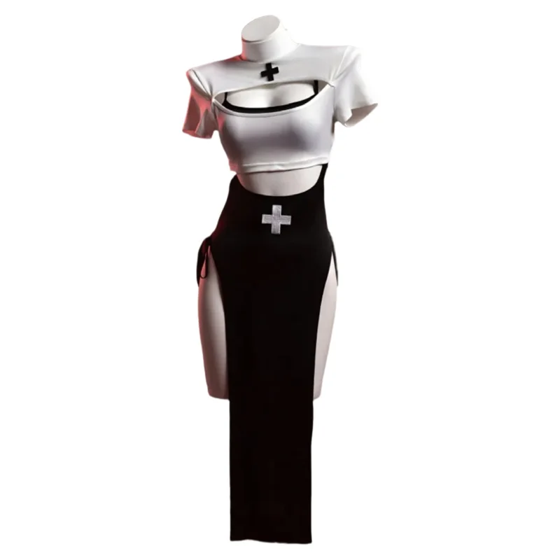 

Sexy Lingerie With Hollow-out Design Halloween Nun Role-play Hot Side-slit Short Skirt Nightgown Short Sleeved Dress Casual IQRF