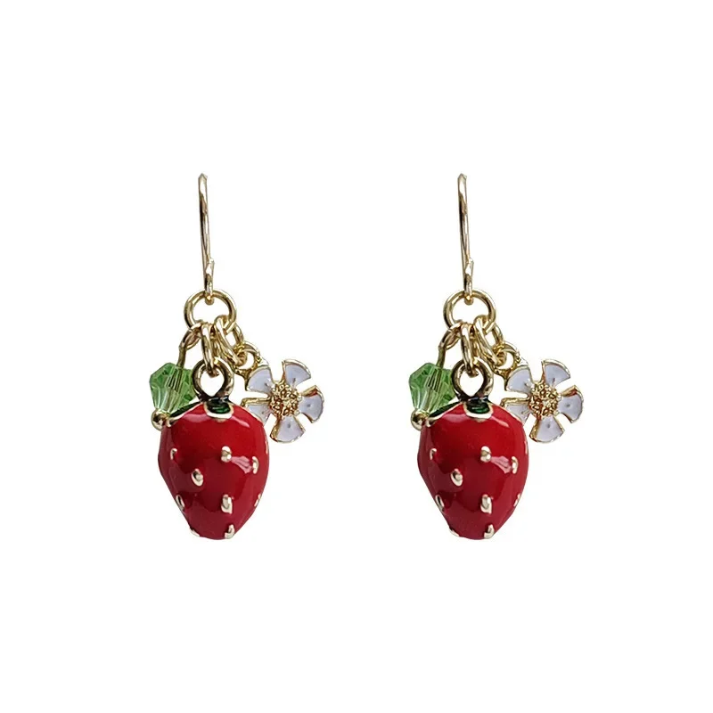 New Fashionable Cute Acrylic Strawberry Flower Earrings Green Crystal Earrings for Women Romantic Jewelry Popular Accessories