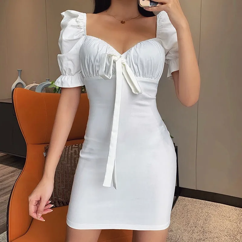 Cute Heart Collar Bubble Sve Dr Simp Skin Bestseller Waist Cinched Pleated Chest Tied Bodycon Skirt Polyester Nylon C...