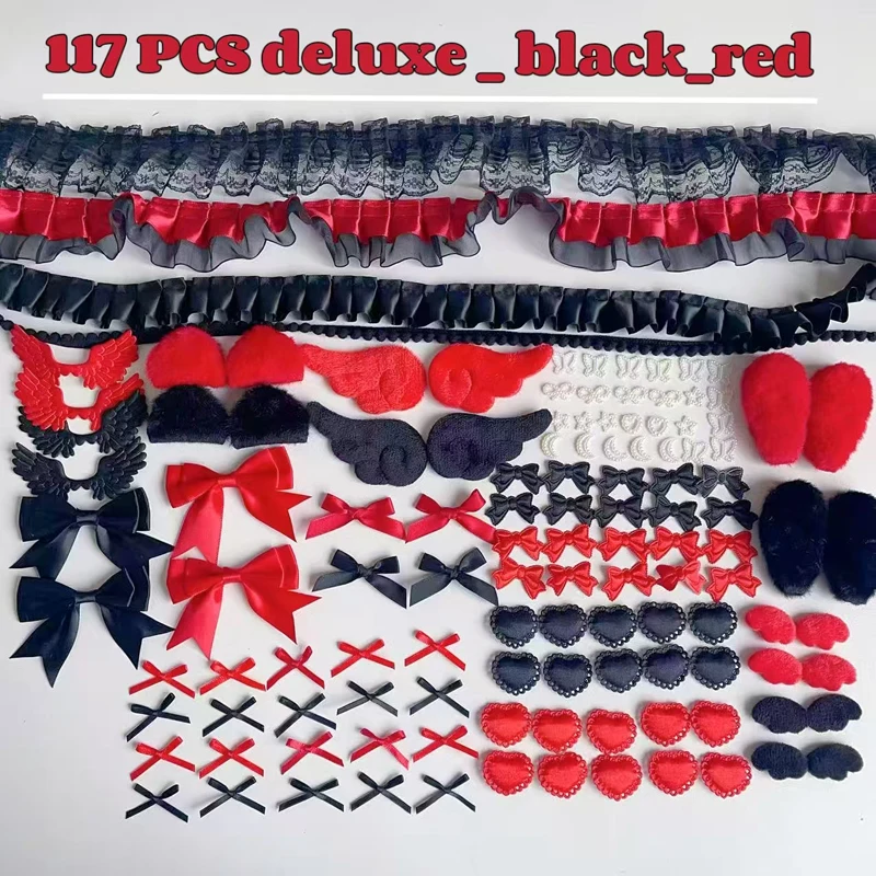 Kit de Materiais DIY Artesanais de Renda Preta e Vermelha para Decoração de Bolsas, Crachás, Porta-Cartões, Capas para Cartões, Asas de Pelúcia e Laços, Acessórios para Artesanato