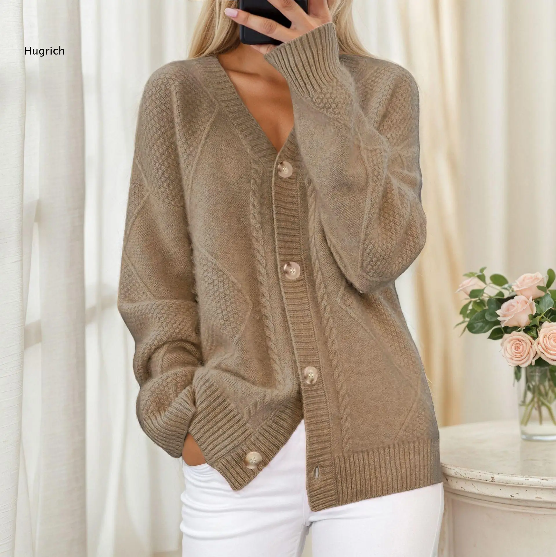 Women Beige V Neck Knit Cardigan Long Sleeve Button Front Cable Knit Texture Loose Fit Autumn Winter Casual Sweater