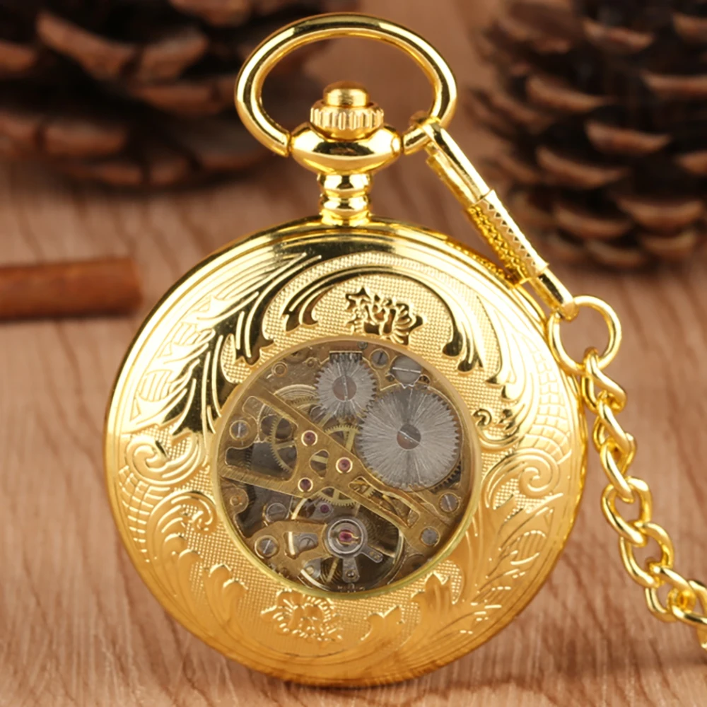 Golden Decoreated Pattern Mens Pocket Watch Mechanical Hand Winding Movement Roman Numerals Dial Charm Antique Pocket Man Clock