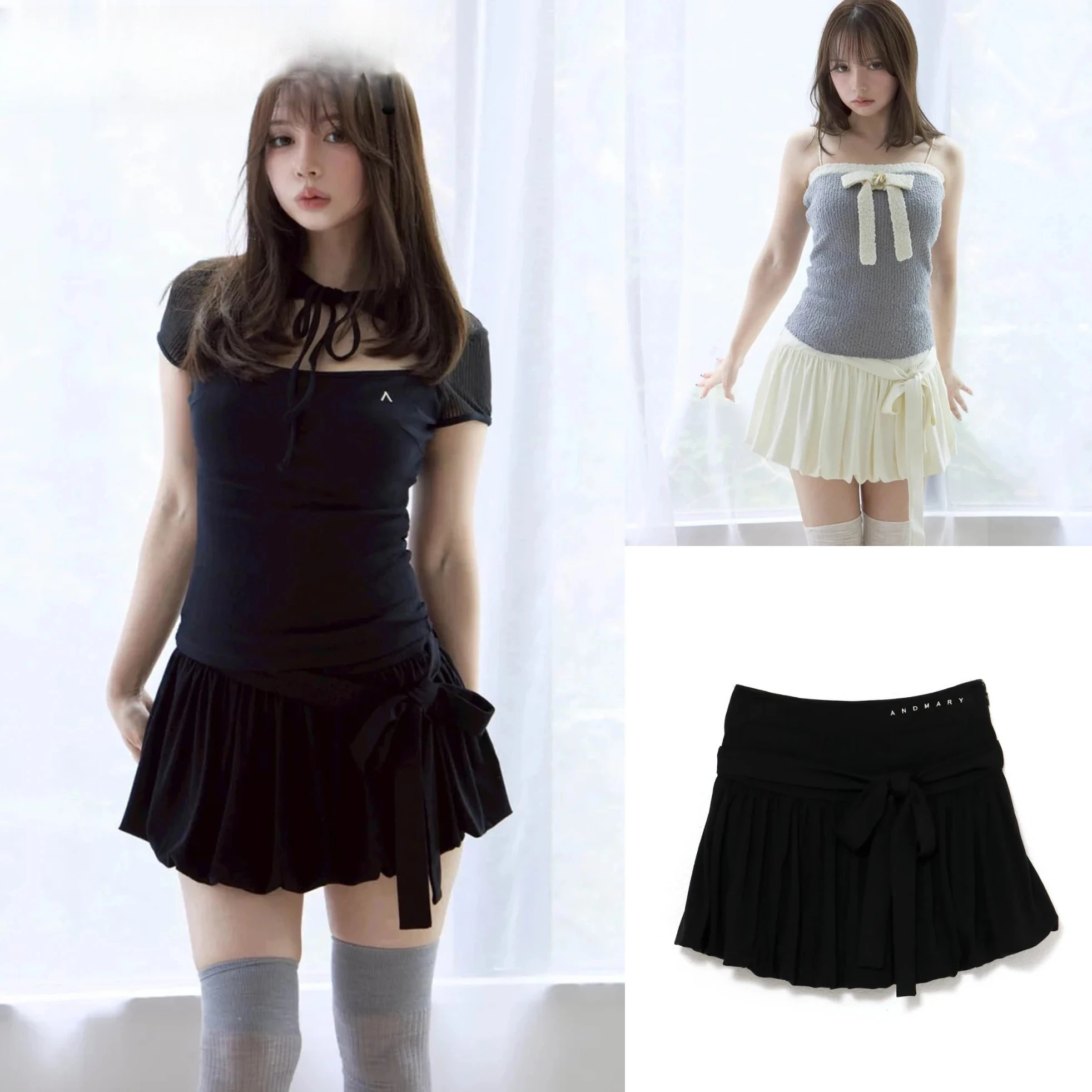 صيف خريف جديد النمط الياباني ثنيات تنورة عالية الخصر فام رسالة التطريز زهرة برعم ربطة القوس فيونكة التنانير القصيرة للنساء #5