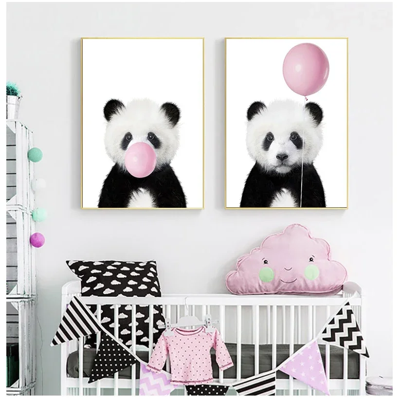 Baby Panda Print Animal con Bubble Gum Poster Nursery Wall Art Picture Decor Cute Pink Balloon Baby Shower Gift Canvas Painting