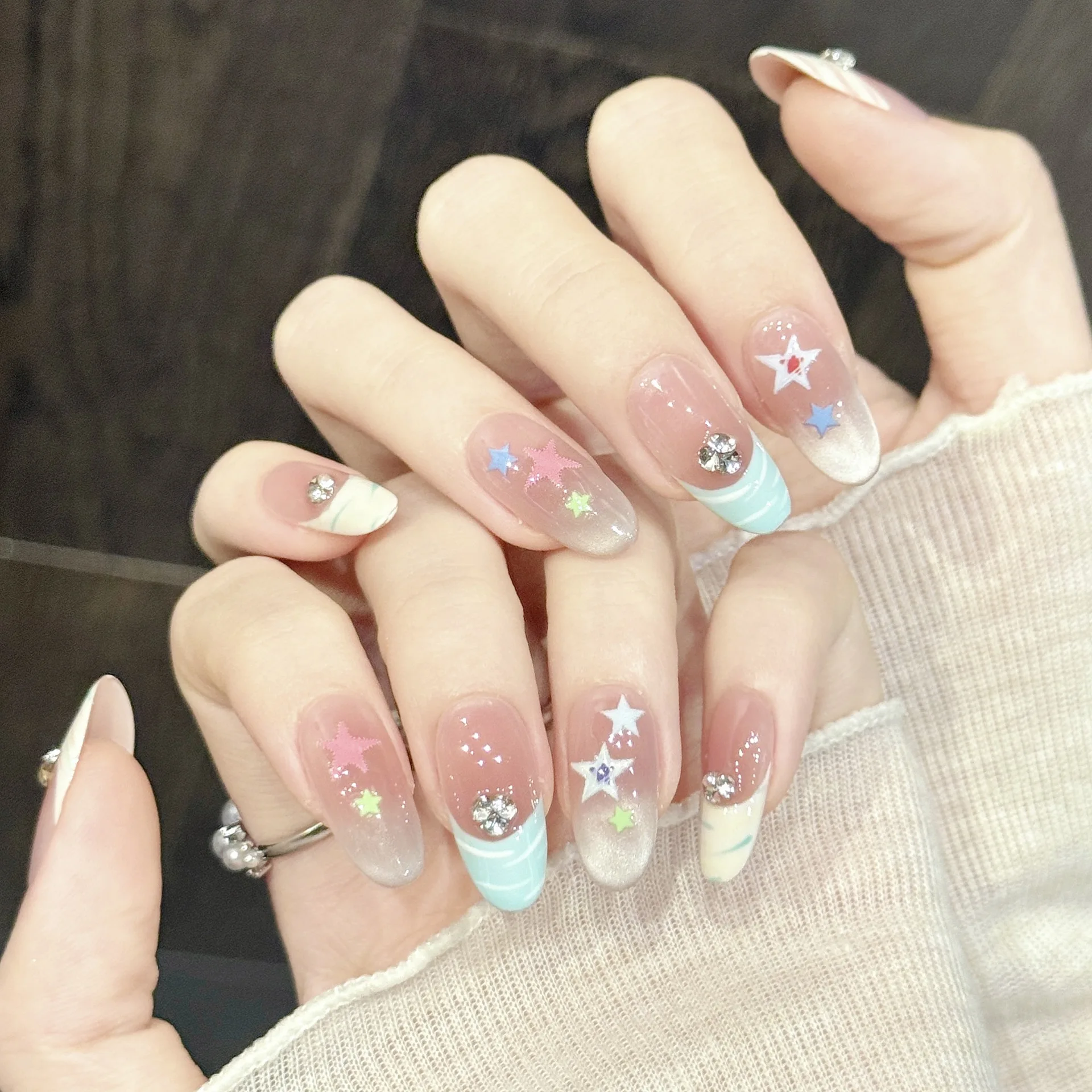 

10pcs Cat Eye French Press on Nails Colorful Star & Crushed Diamond Design Handmade Sweet Fake Nail Tips Wearable & Reusable
