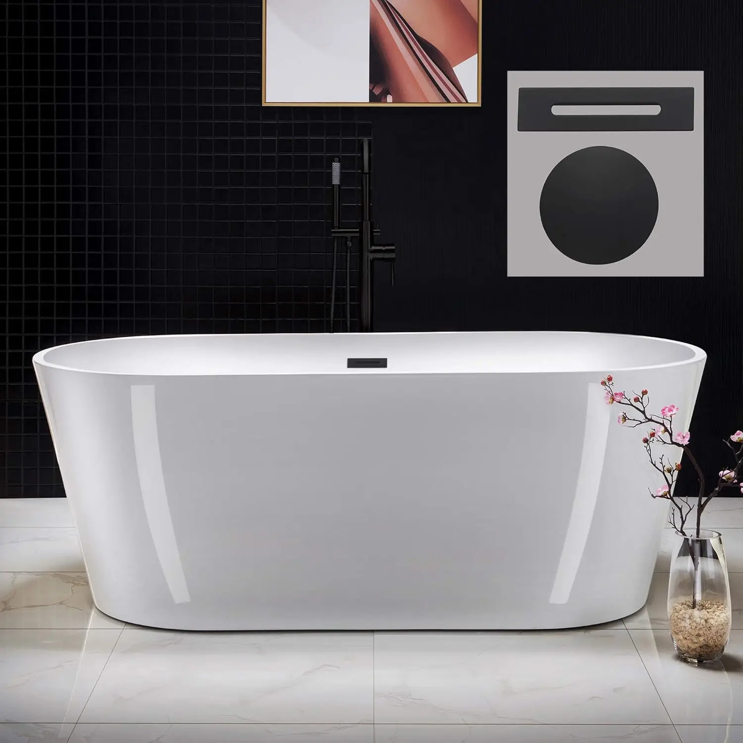 

Acrylic Freestanding Bathtub Contemporary Soaking White Tub with Matte Black Overflow