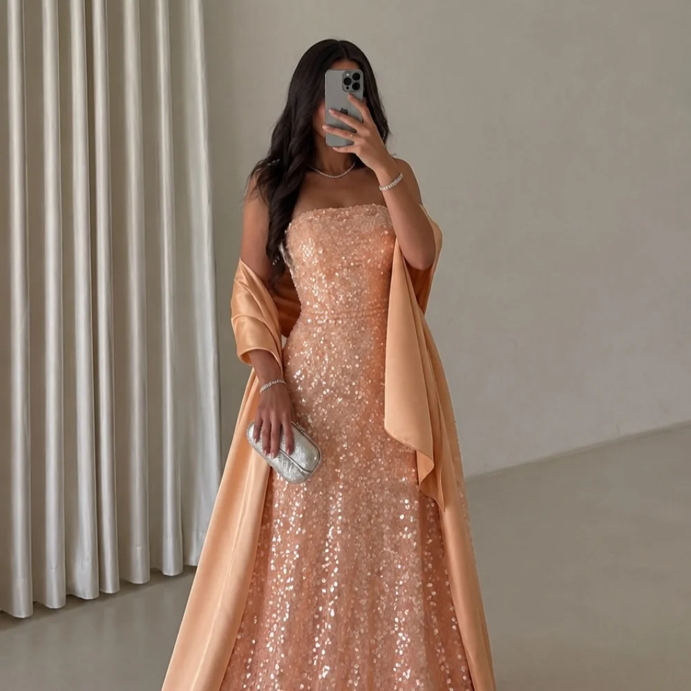 Customized Fashion Charmeuse Pleat Sequined A-line Strapless Long Quinceanera Bespoke Occasion Dresses