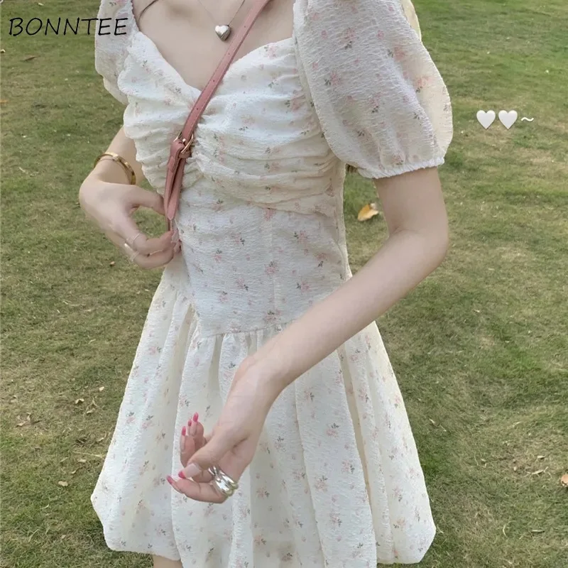 Dresses Women Puff Sleeve Floral Sweet Defined Waist Fairycore Korean Fashion Square Collar Vestidos Summer Students Aesthetic