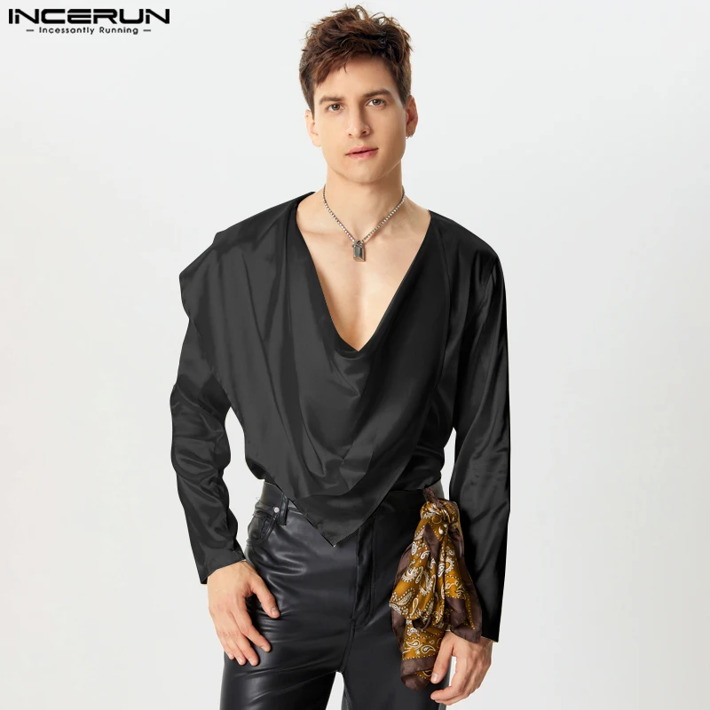 INCERUN Tops 2024 American Style Handsome Men\'s Fashion Twisted Collar T-shirts Casual Clubwear Male Satin Long Sleeved Camiseta