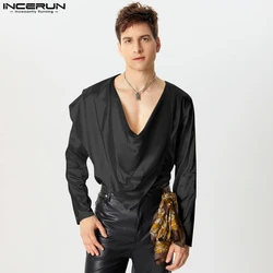 INCERUN Tops 2024 American Style Handsome Men's Fashion Twisted Collar T-shirts Casual Clubwear Male Satin Long Sleeved Camiseta