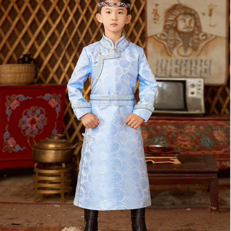 Chinese Mongolian Boys Traditional Mongolian Robe Ethnic Style Performance Dress