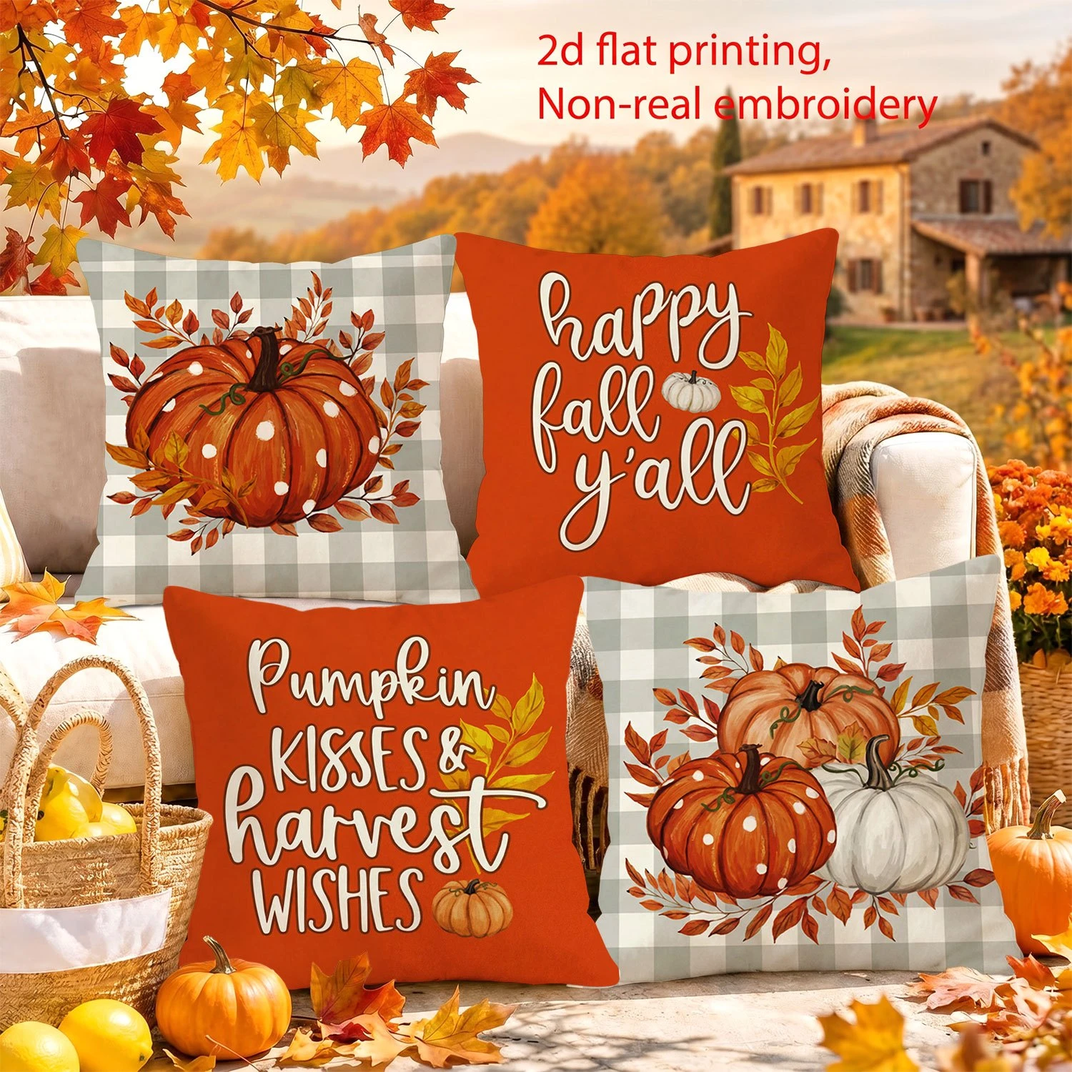 4PCS Fall Pumpkin Floral Throw Pillow Covers 18x18 Inch Autumn Farmhouse Decorative Cushion Cases for Sofa Couch