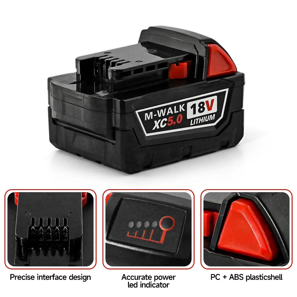Dobíjecí lithiová baterie 18V 5000mAh s indikátorem kapacity pro Milwaukee M18 aku-pack, elektrický utahovák, vrtačku, sady elektrického nářadí - náhled 5