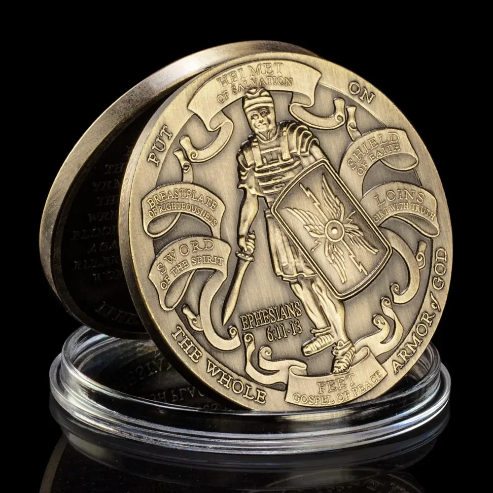 Armor of God Challenge Coin with High Relief Soldier Pattern and Ephesians Prayer Bronze Plated Commemorative Coin