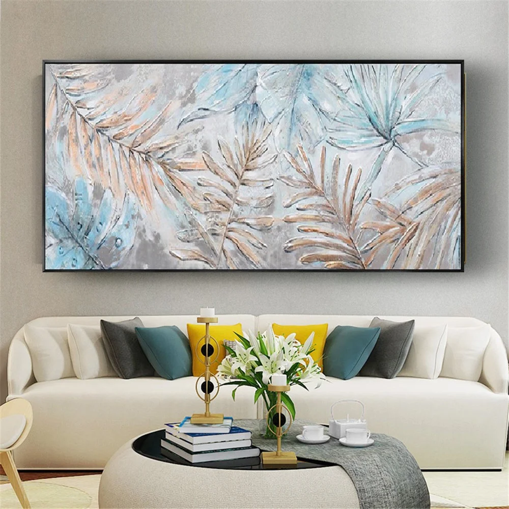 لوحة تجريدية مرسومة يدويًا على قماش الكانفاس لوحة جدارية أوراق زرقاء وفضية صور زهور حديثة لغرفة المكتب ديكور منزلي شمالي