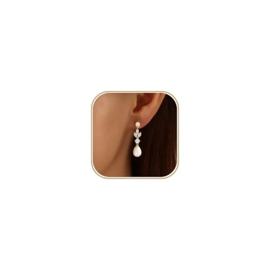 

Pearl Earrings for Women, 14k Gold Plated Trendy Diamond Pearl Drop Earrings Bridal Shower Gifts Wedding jewelry for Women