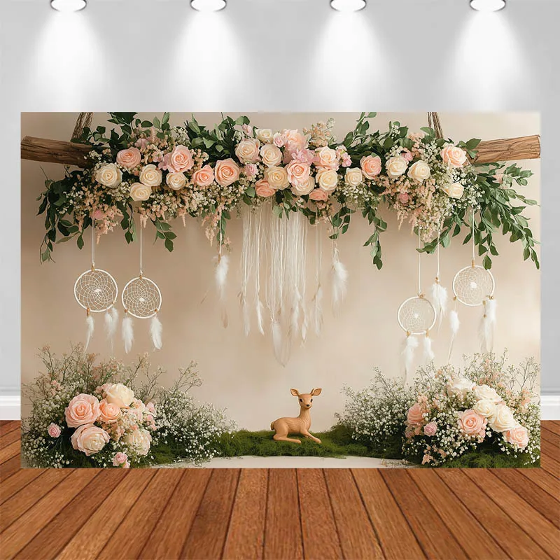 

LS Memorial Day Photography Background Bohemian Rustic Wooden Floral Beams Deer Decor Adult Portrait Photo Backdrop Studio