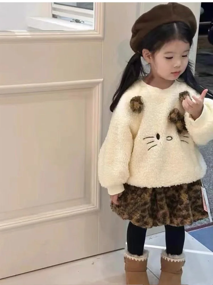 South Korea Children's Clothing Girls' Suit2024Autumn and Winter New Children's Fashionable Fleece Sweatshirt Children's Leopard