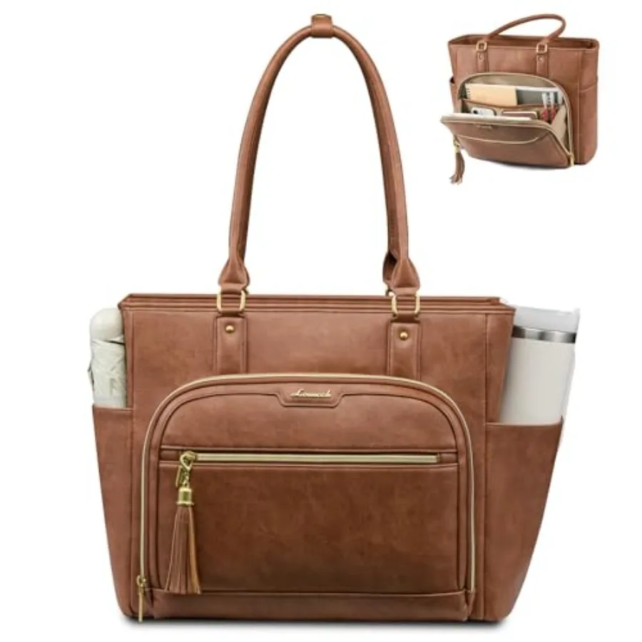 Laptop Tote Bag for Women Work, Vintage Leather Teacher Nurse Bag with Large Cup Holder, Bible Handbag Purse GIfs, Waterproof P