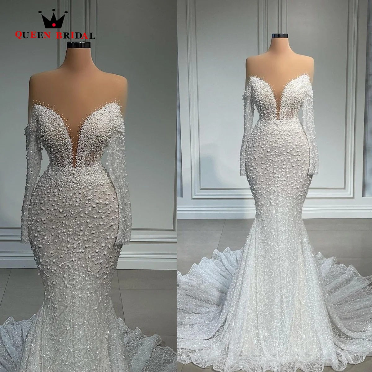 Pearls African Luxury Mermaid Wedding Dress Illusion Beads Bridal Gowns With Long Sleeve Big Train Vintage Custom Made SD75M