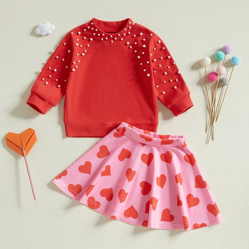 Toddler Girl Valentines Day Outfit Pearl Long Sleeve Sweatshirt Tops Heart Print A-line Skirt 2 Piece Set