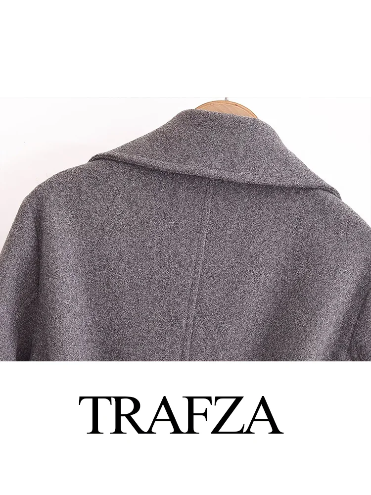 TRAFZA Woman Chic Coat Solid Turn-Down Collar Long Sleeves Pockets Double-Breasted Woman Autumn Waistband Woolen Coats Trendy