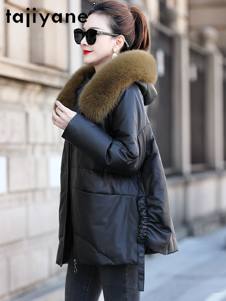 TAJIYANE جلد الغنم الحقيقي بطة أسفل معطف امرأة الثعلب الفراء طوق سترة منفوخة قسط حقيقية سترات من الجلد ملابس حريمي 2025 longcode #2