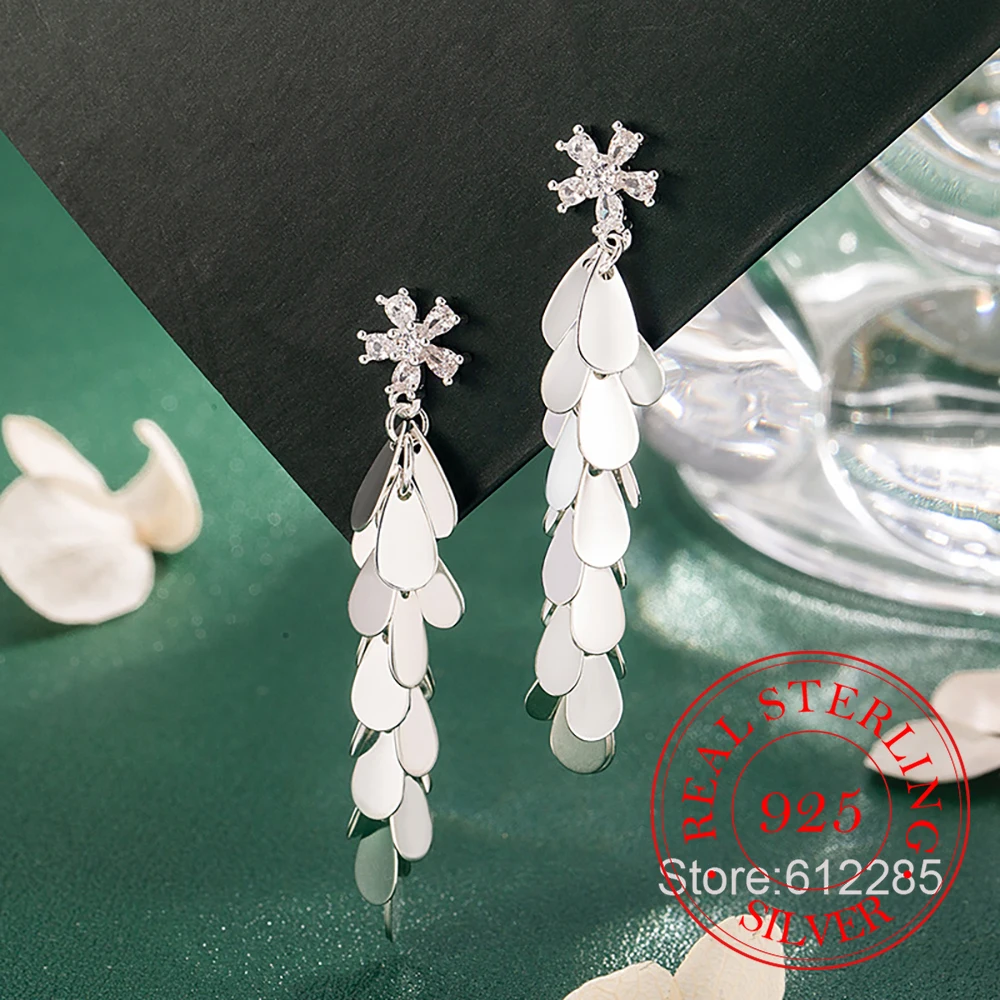 925 Sterling Silver Jewelry Crystal Star Long Tassel Sequin Stud Earrings For Women Wedding Party Jewelry for Girls Friend Gift